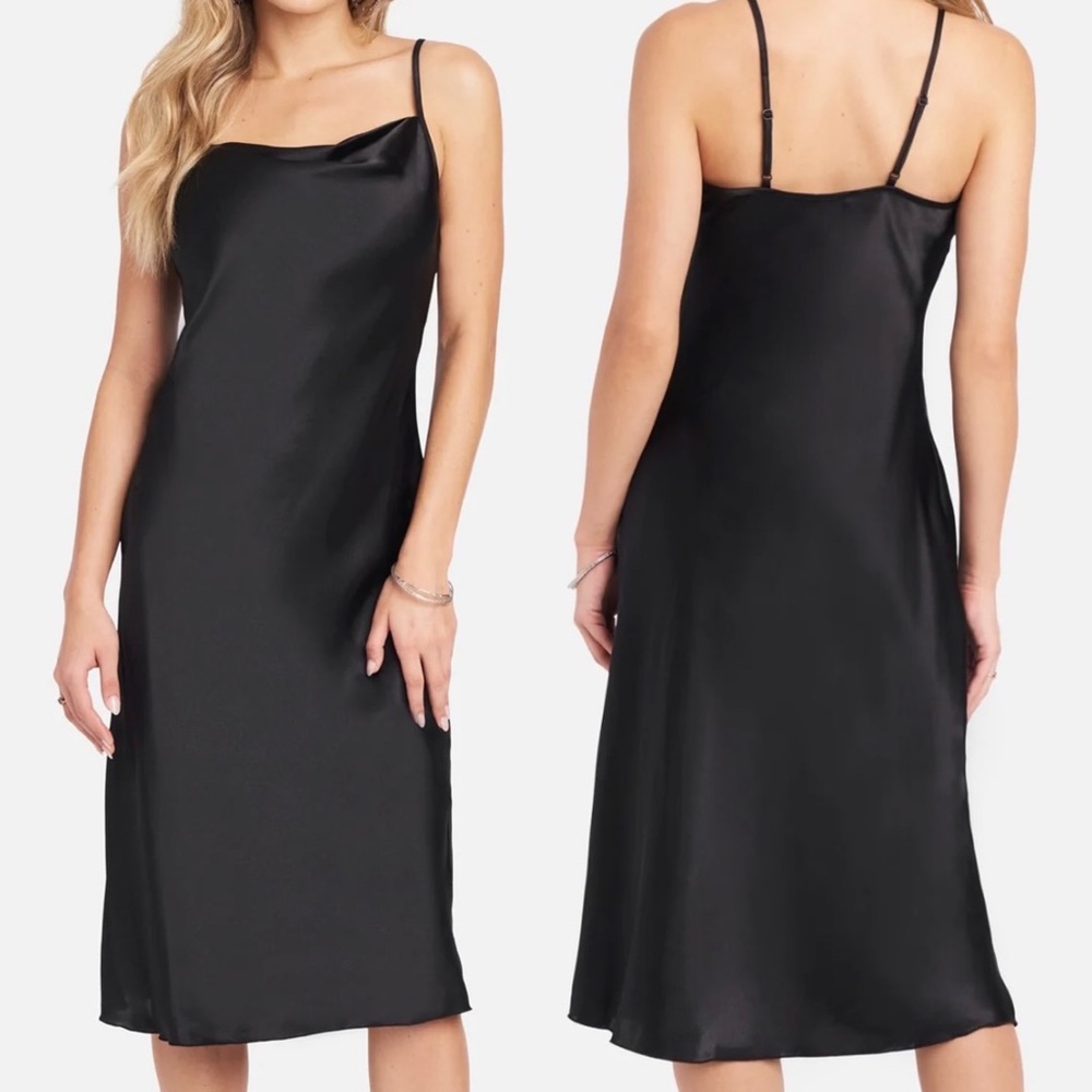 bebe black satin cowl neck slip midi dress